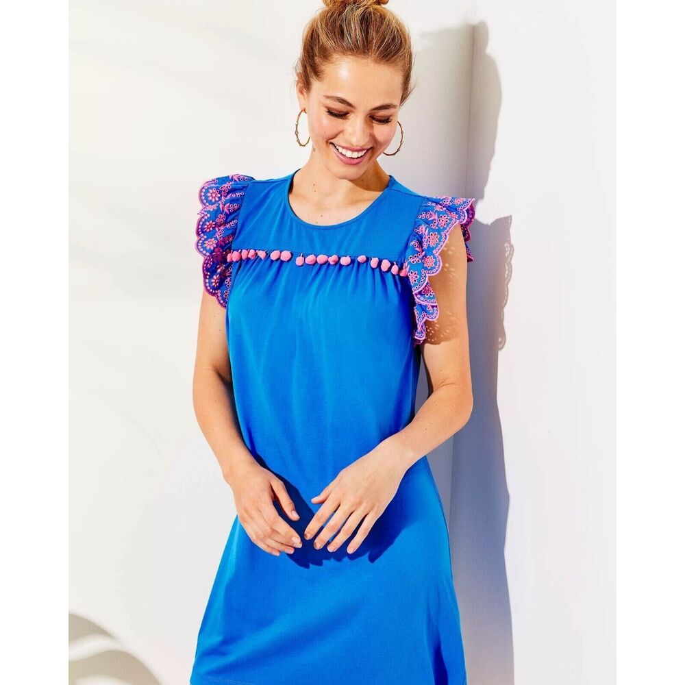 Lilly Pulitzer Ave Mini Dress Pom-Pom Eyelet Embroidered Blue Flare S NWD 279115 - Picture 1 of 9